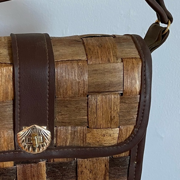Woven Wood & Leather Brown Vintage Purse with Burlap Linen Lining EUC - Picture 2 of 10